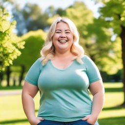 A cheerful, chubby blonde person with a big smile, wearing casual clothes and standing in a sunny park