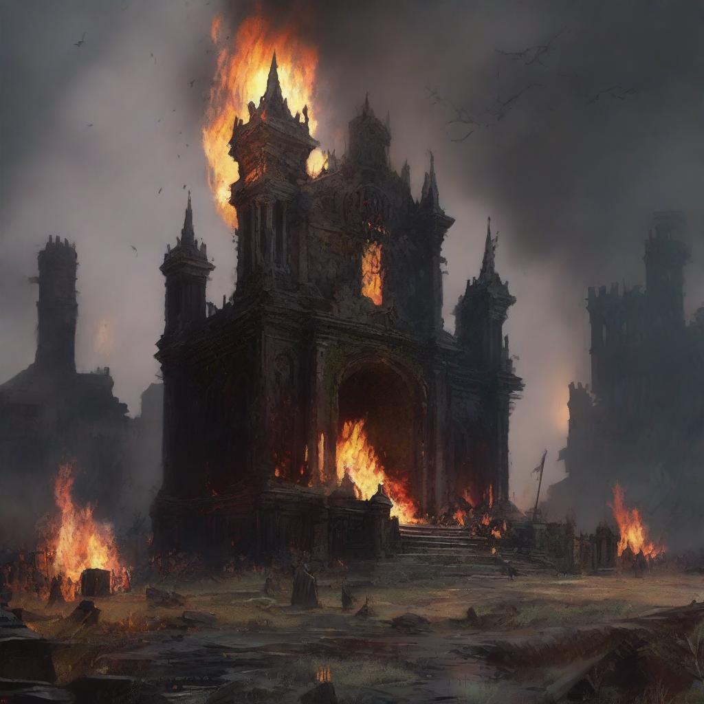 A kingdom burnt to ashes with remnants of a crown and sword amidst the ruins