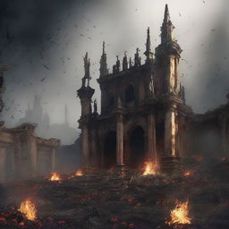 A kingdom burnt to ashes with remnants of a crown and sword amidst the ruins