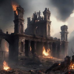 A kingdom burnt to ashes with remnants of a crown and sword amidst the ruins