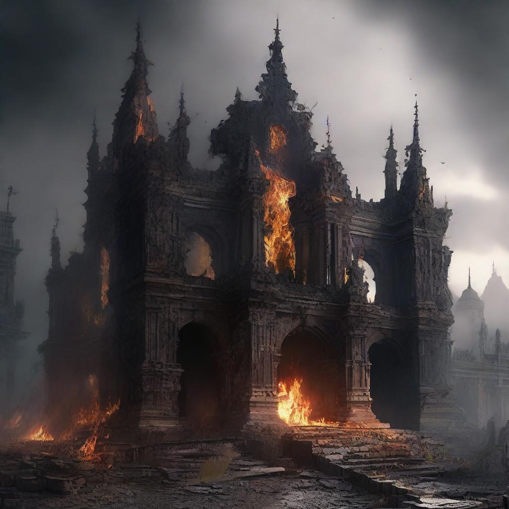 A kingdom burnt to ashes with remnants of a crown and sword amidst the ruins