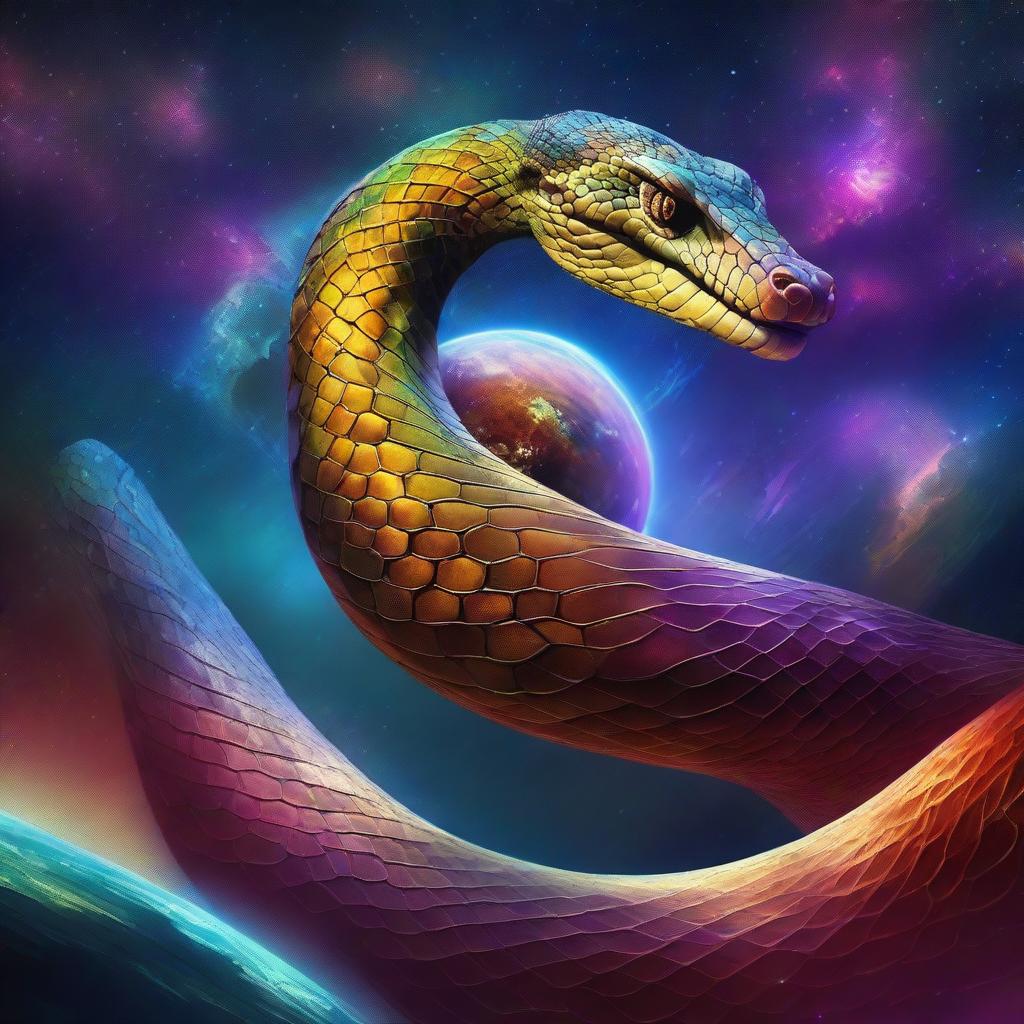 A majestic serpent wrapping around the surface of a planet in space