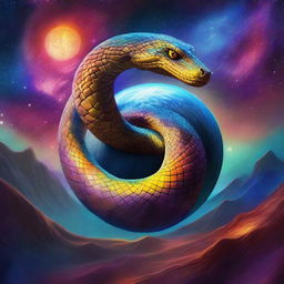 A majestic serpent wrapping around the surface of a planet in space