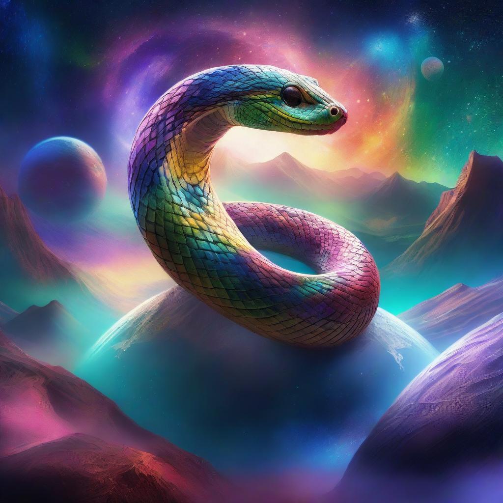 A single majestic serpent wrapping around the surface of a planet in space