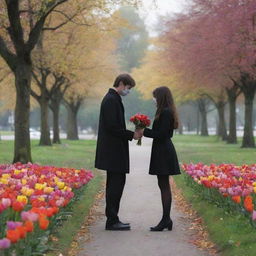 The mysterious man from before hugs the solitary girl, giving her a bunch of vibrant flowers that brings a spot of colour to the creepy park.