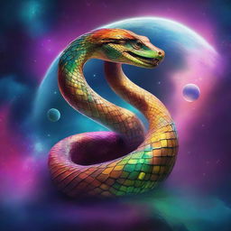 A single majestic serpent wrapping around the surface of a planet in space