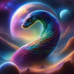 A single majestic serpent wrapping around the surface of a planet in space