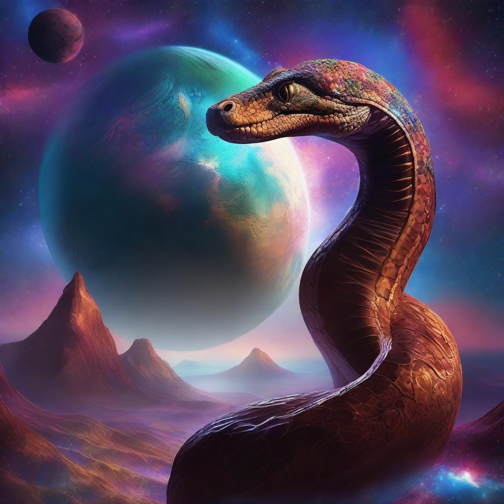 A giant serpent wrapping around the surface of a planet in space, viewed from a faraway viewpoint