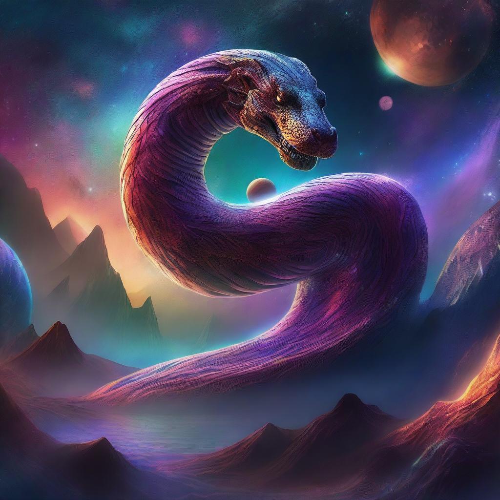 A giant serpent wrapping around the surface of a planet in space, viewed from a faraway viewpoint