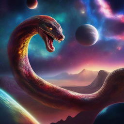 A giant serpent wrapping around the surface of a planet in space, viewed from a faraway viewpoint