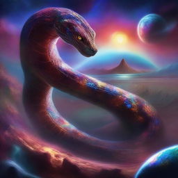 A giant serpent wrapping around the surface of a planet in space, viewed from a faraway viewpoint