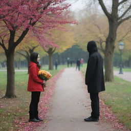 The mysterious man from before hugs the solitary girl, giving her a bunch of vibrant flowers that brings a spot of colour to the creepy park.