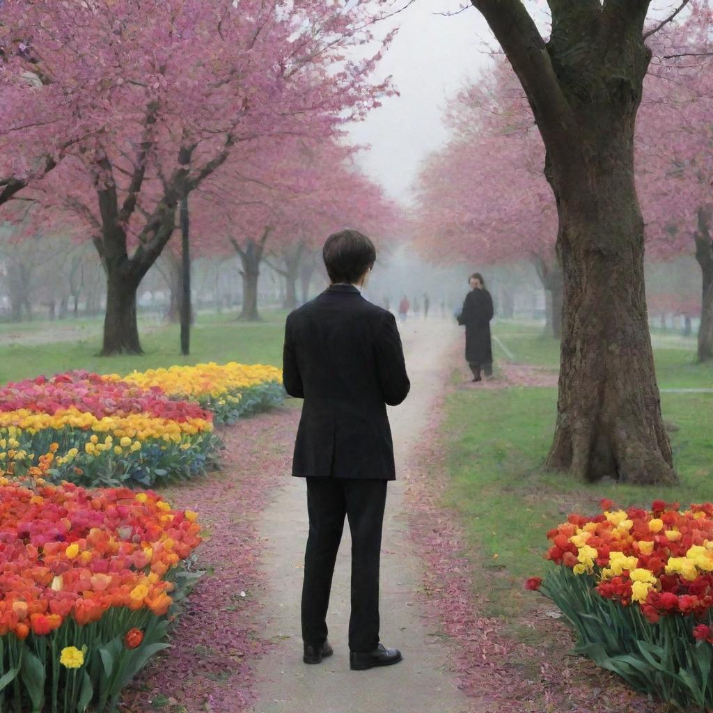 The mysterious man from before hugs the solitary girl, giving her a bunch of vibrant flowers that brings a spot of colour to the creepy park.