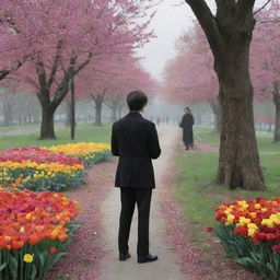 The mysterious man from before hugs the solitary girl, giving her a bunch of vibrant flowers that brings a spot of colour to the creepy park.