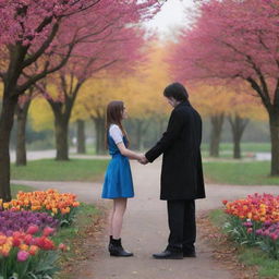 The mysterious man from before hugs the solitary girl, giving her a bunch of vibrant flowers that brings a spot of colour to the creepy park.