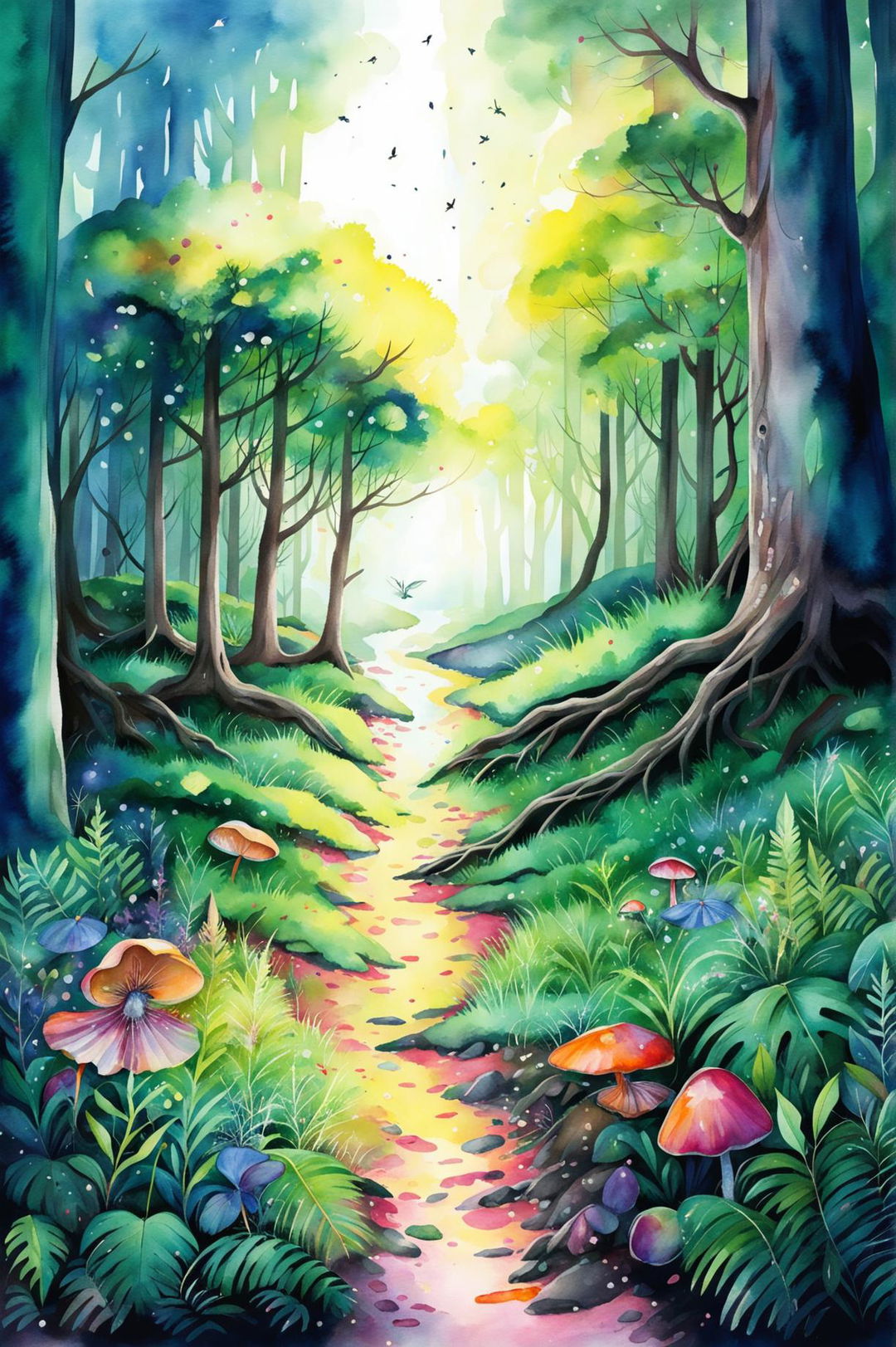 Create a beautiful watercolour painting of an overgrown magical forest with lush foliage, tall trees, and a winding path