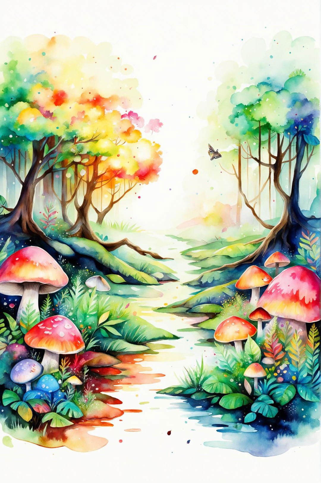 Create a beautiful watercolour painting of a magical forest with vibrant colours, whimsical elements, and a dreamy atmosphere