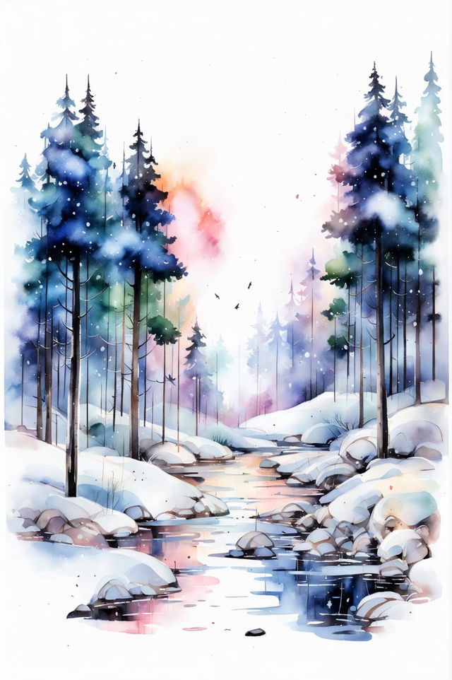 Create a beautiful watercolour painting of a snowy magical forest with snow-covered trees, a pastel sky, and whimsical elements