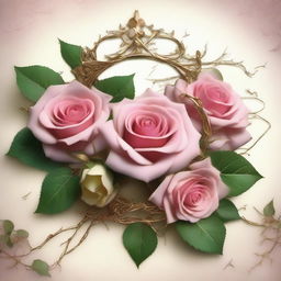 A detailed close-up image featuring roses with gold thorns intertwined with vines