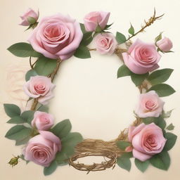 A detailed close-up image featuring roses with gold thorns intertwined with vines