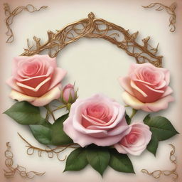 A detailed close-up image featuring roses with gold thorns intertwined with vines