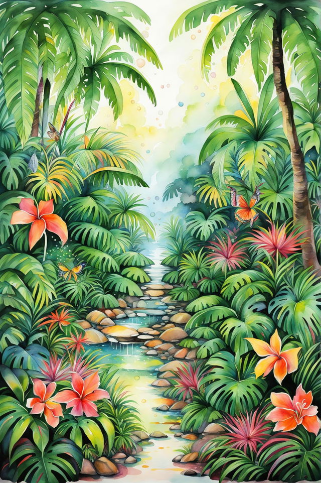 Create a beautiful watercolour painting of a tropical magical forest with vibrant plants, tall palm trees, and whimsical elements