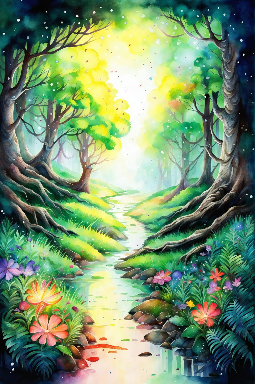 Create a beautiful watercolour painting of a magical forest with vibrant trees, whimsical elements, and a dreamy atmosphere