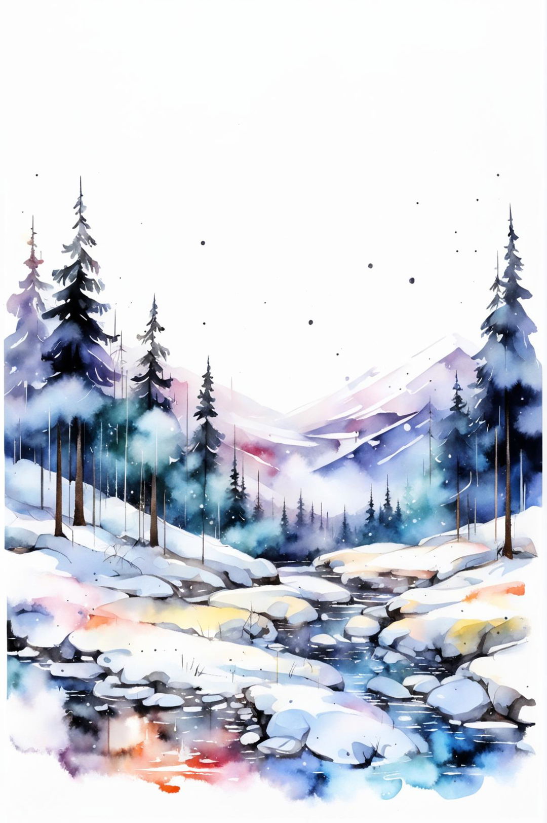 Create a beautiful watercolour painting of a magical snowy forest with snow-covered trees, majestic mountains in the background, and whimsical elements