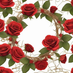 A detailed close-up image featuring red roses with gold thorns intertwined with vines