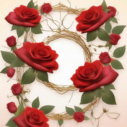 A detailed close-up image featuring red roses with gold thorns intertwined with vines