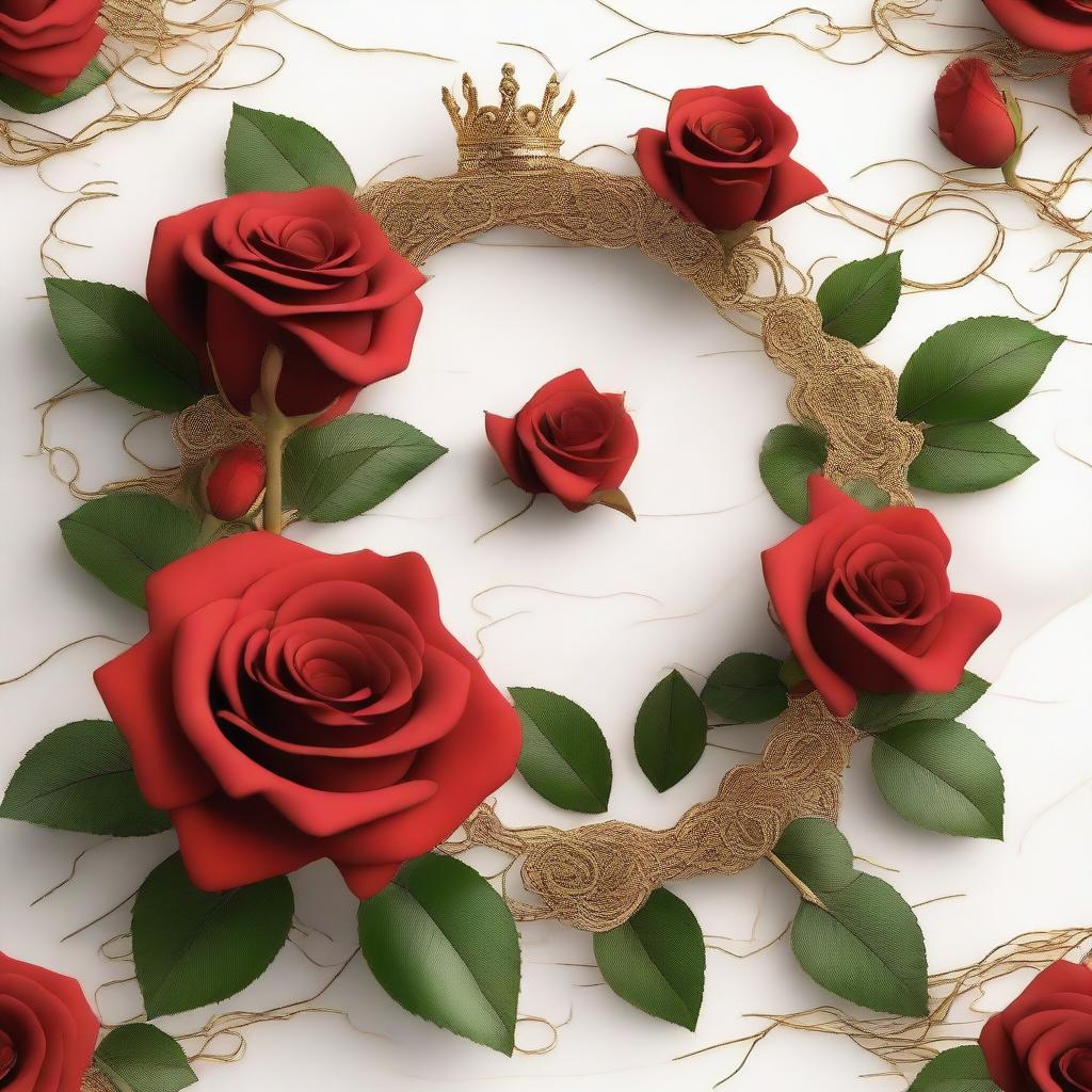 A detailed close-up image featuring red roses with gold thorns intertwined with vines