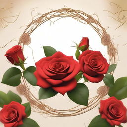 A detailed close-up image featuring red roses with gold thorns intertwined with vines