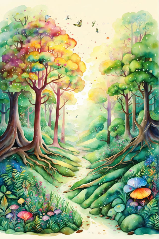 Create a beautiful watercolour painting of a magical forest from a zoomed-out perspective, featuring diverse flora, ancient trees, and whimsical elements