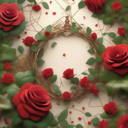 A detailed image of a garden featuring red roses with gold thorns intertwined with vines