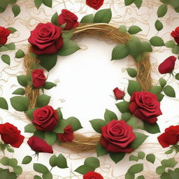 A detailed image of a garden featuring red roses with gold thorns intertwined with vines