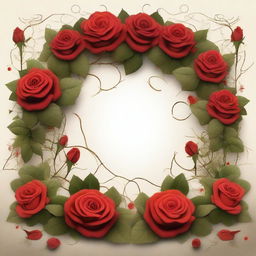 A detailed image of a garden featuring red roses with gold thorns intertwined with vines