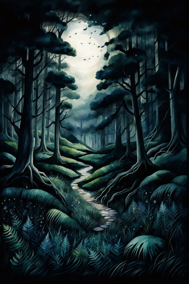 Create a beautiful watercolour painting of a dark forest from a zoomed-out perspective, featuring ancient trees, dense underbrush, and shadowy elements