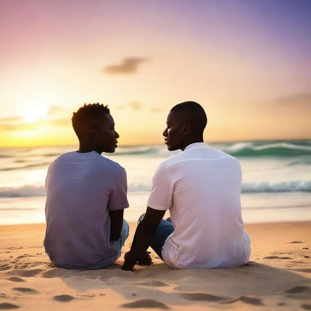 A heartwarming scene of a gay couple sitting on the beach, holding hands and looking at the sunset