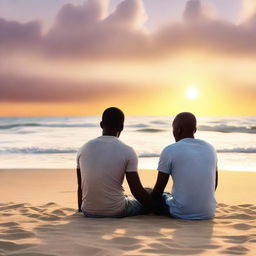 A heartwarming scene of a gay couple sitting on the beach, holding hands and looking at the sunset