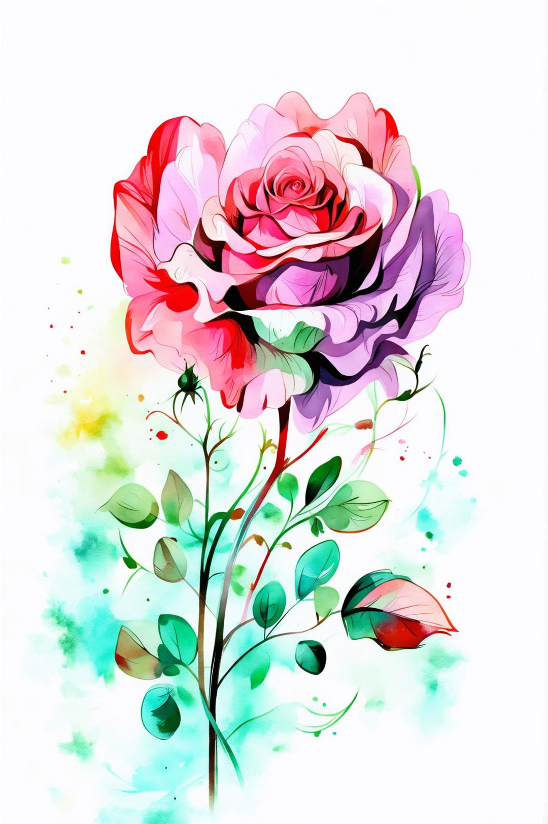 A beautiful watercolor painting of a rose in full bloom with delicate petals in shades of red, pink, and white, set against a soft, blurred green and blue background