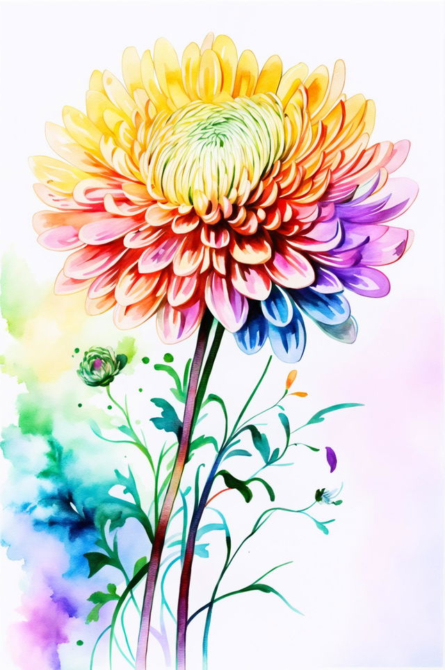 A beautiful watercolor painting of a Chrysanthemum in full bloom with intricate layers of petals in shades of yellow, orange, and white, set against a soft, blurred green and purple background