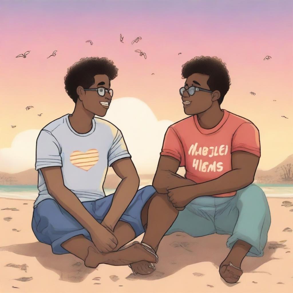 A touching scene of two gay couples sitting on the beach