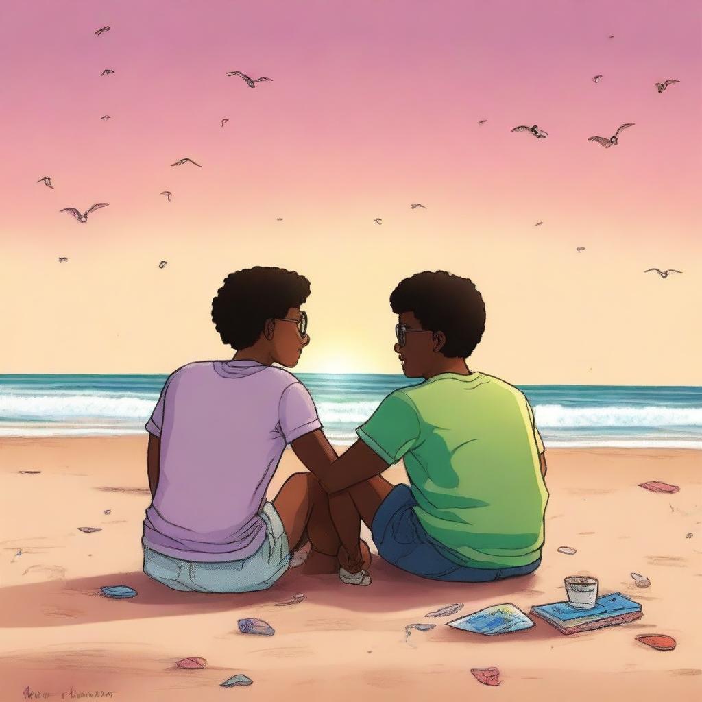 A touching scene of two gay couples sitting on the beach