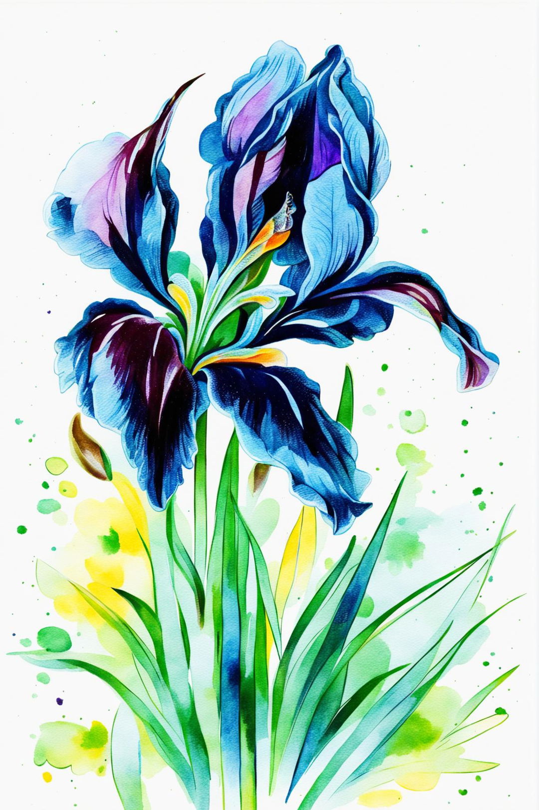 A beautiful watercolor painting of an iris in full bloom with elegant petals in shades of purple, blue, yellow, and white, set against a soft, blurred green and light blue background