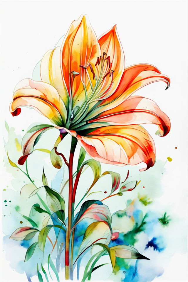 A beautiful watercolor painting of a lily in full bloom with graceful petals in shades of white, pink, orange, and yellow, set against a soft, blurred green and blue background