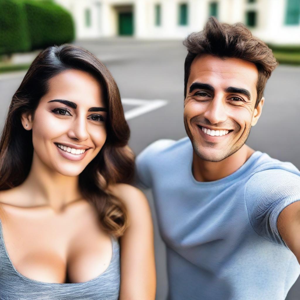 A person taking a selfie with an attractive woman with a large chest