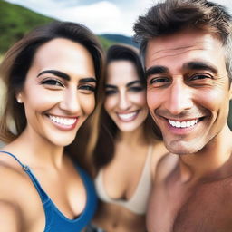 A person taking a selfie with an attractive woman with a large chest