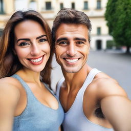 A person taking a selfie with an attractive woman with a large chest