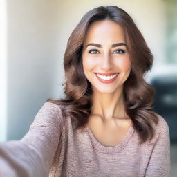 A selfie of an attractive woman with a confident smile, wearing stylish clothing