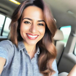 A selfie of an attractive woman with a confident smile, wearing stylish clothing